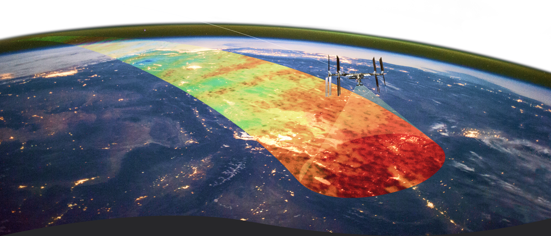 An artistic rendering of AWE positioned on the International Space Station and scanning a swath of Earth.