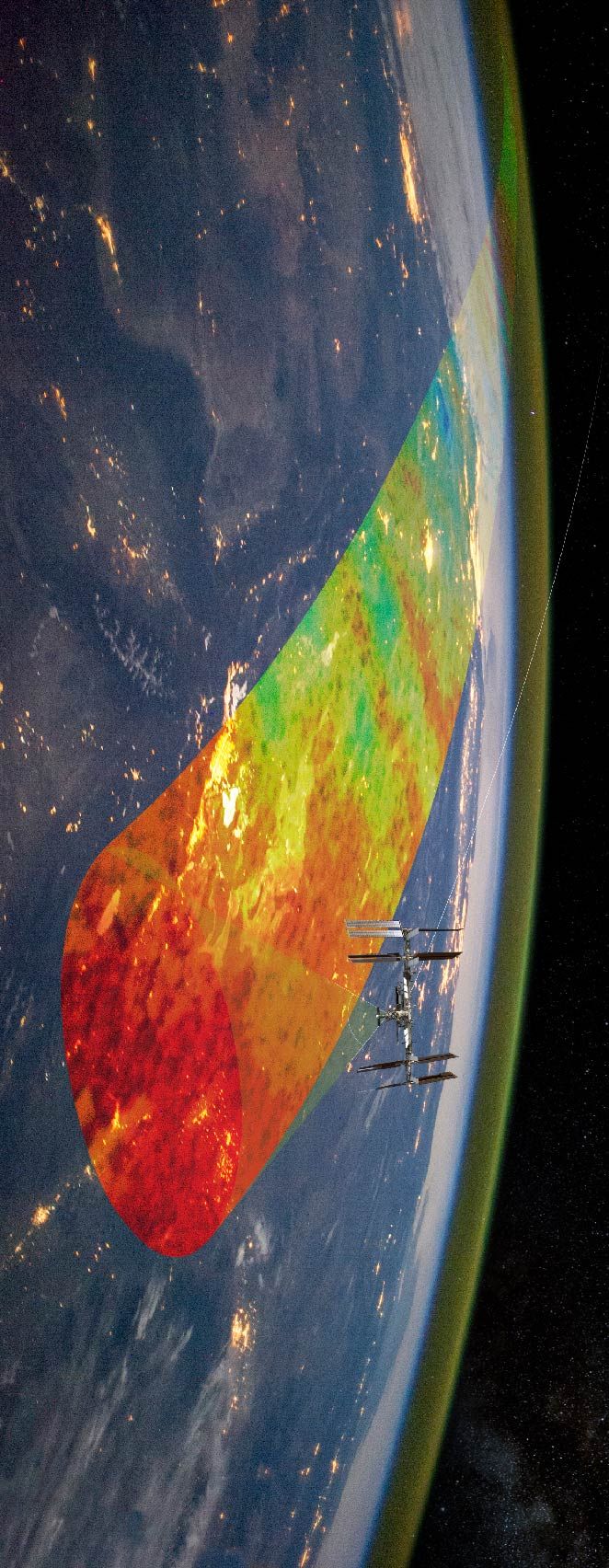 An artistic rendering of AWE positioned on the International Space Station and scanning a swath of Earth.