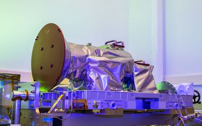 NASA’s AWE payload is shown in this May 26, 2023 photo at SDL facilities on USU’s Innovation Campus with its red remove-before-flight covers installed.