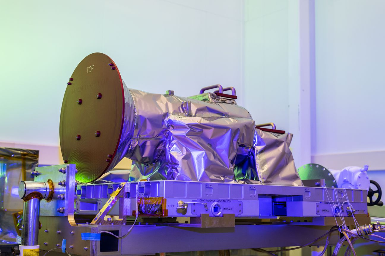 NASA’s AWE payload is shown in this May 26, 2023 photo at SDL facilities on USU’s Innovation Campus with its red remove-before-flight covers installed.