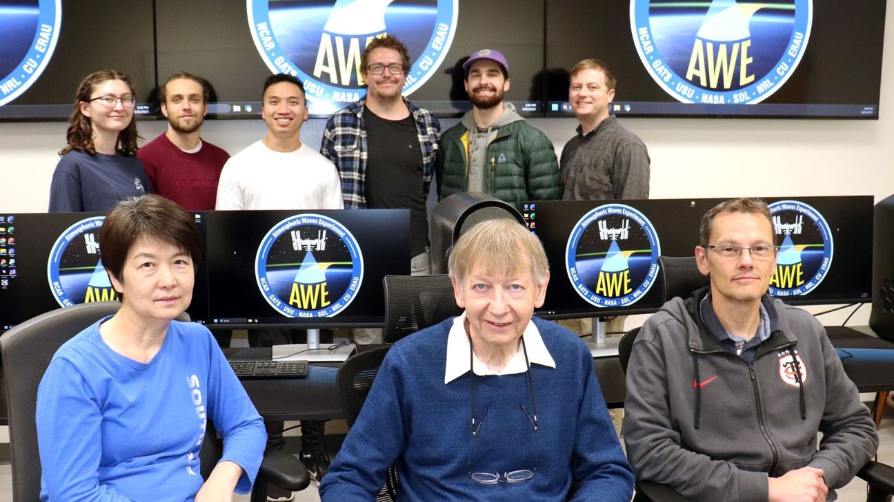 Mike Taylor pictured in 2023 with members of USU Physics' Atmospheric Waves Experiment (AWE) Science Team.