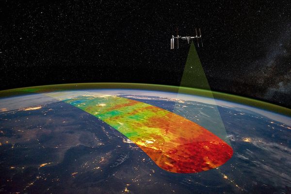 This artist’s conception depicts the Atmospheric Waves Experiment (AWE) scanning the atmosphere from aboard the International Space Station, measuring variations in infrared airglow to track atmospheric gravity waves as they move up from the lower atmosphere into space. Utah State University Space Dynamics Laboratory