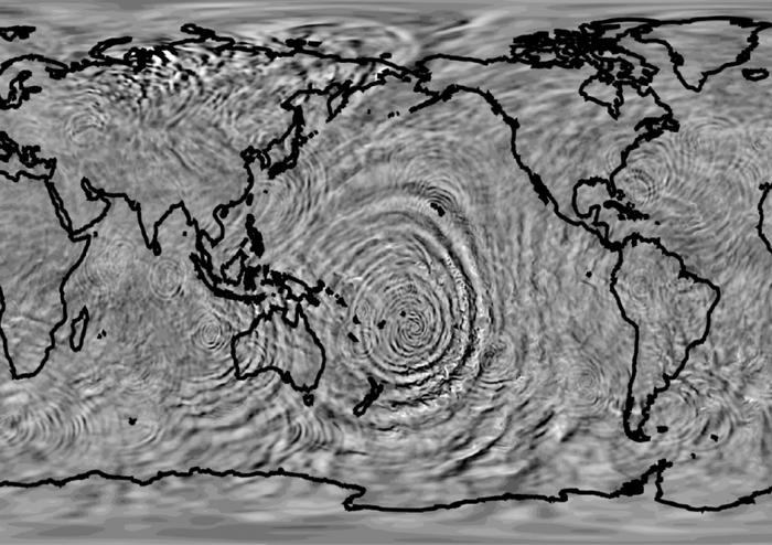 A black and white simulation of gravity waves over Earth.