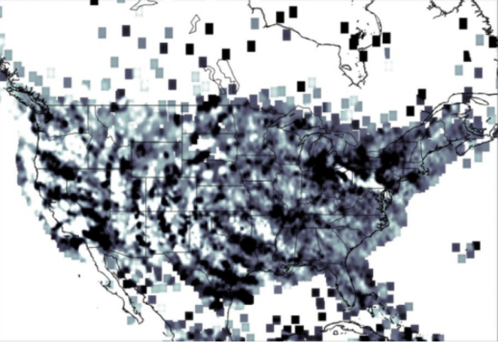 An outline of the United States showing ripples from a strong convective storm system over the southwest.